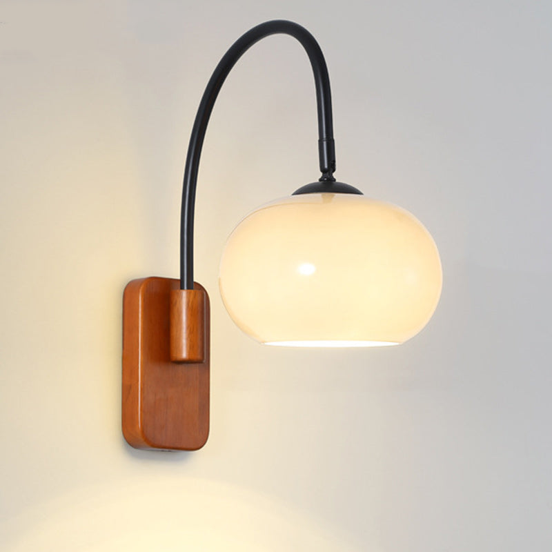 Traditional Vintage Wood Round Glass Shade 1-Light Wall Sconce Lamp For Bedroom