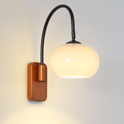 Traditional Vintage Wood Round Glass Shade 1-Light Wall Sconce Lamp For Bedroom