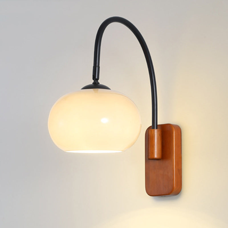 Traditional Vintage Wood Round Glass Shade 1-Light Wall Sconce Lamp For Bedroom