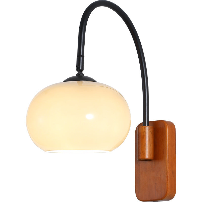Traditional Vintage Wood Round Glass Shade 1-Light Wall Sconce Lamp For Bedroom