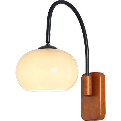 Traditional Vintage Wood Round Glass Shade 1-Light Wall Sconce Lamp For Bedroom