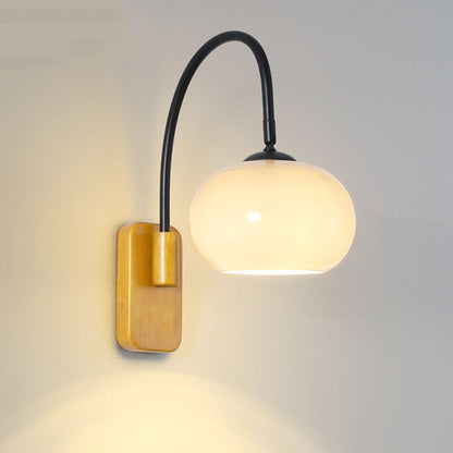 Traditional Vintage Wood Round Glass Shade 1-Light Wall Sconce Lamp For Bedroom