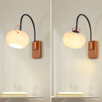 Traditional Vintage Wood Round Glass Shade 1-Light Wall Sconce Lamp For Bedroom