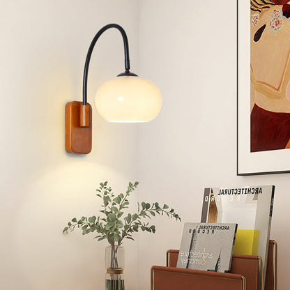 Traditional Vintage Wood Round Glass Shade 1-Light Wall Sconce Lamp For Bedroom