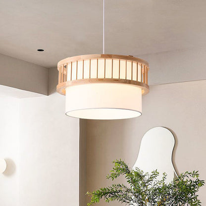 Traditional Japanese Wood Fabric Round Shade 1/4-Light Chandelier For Dining Room