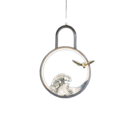 Traditional Chinese Round Hollow Wave Pattern Copper Resin LED Pendant Light For Bedroom