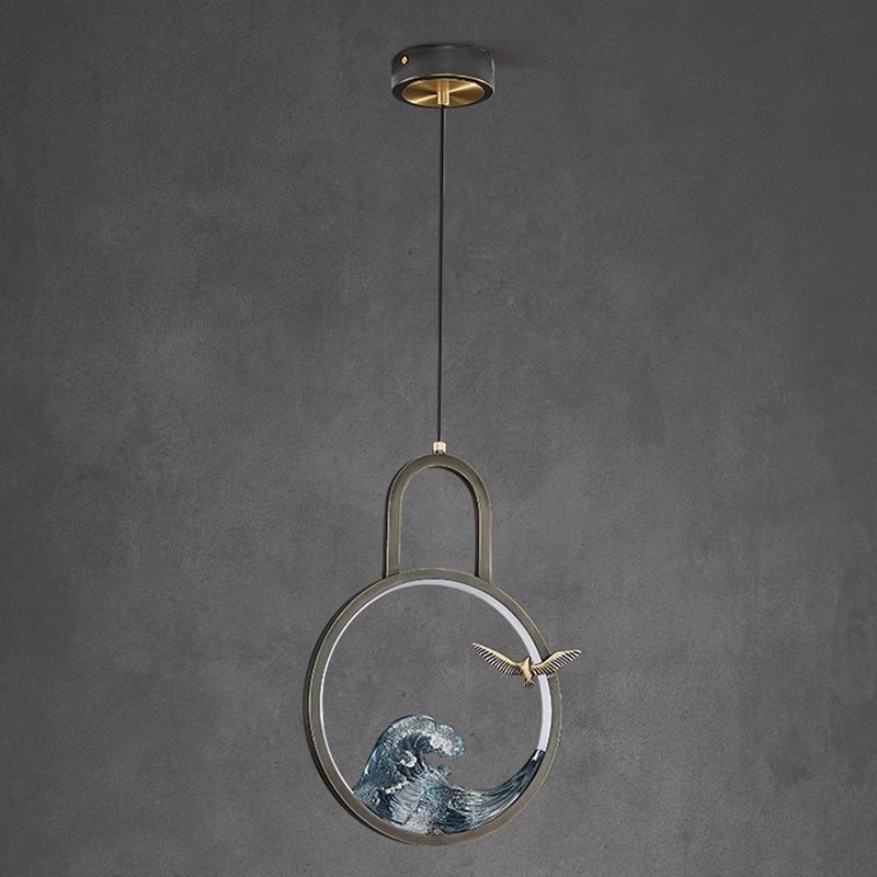 Traditional Chinese Round Hollow Wave Pattern Copper Resin LED Pendant Light For Bedroom