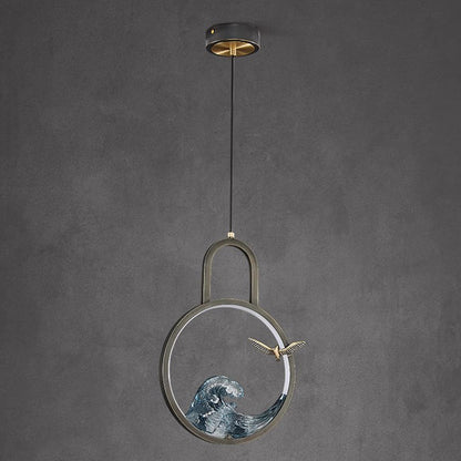 Traditional Chinese Round Hollow Wave Pattern Copper Resin LED Pendant Light For Bedroom