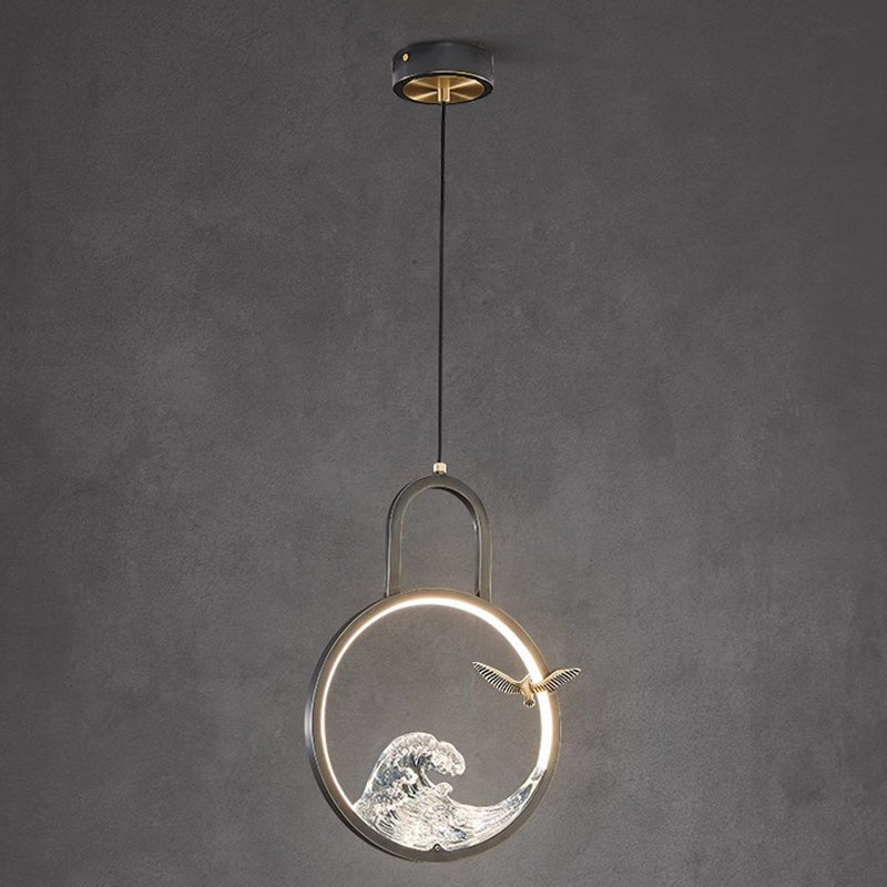 Traditional Chinese Round Hollow Wave Pattern Copper Resin LED Pendant Light For Bedroom