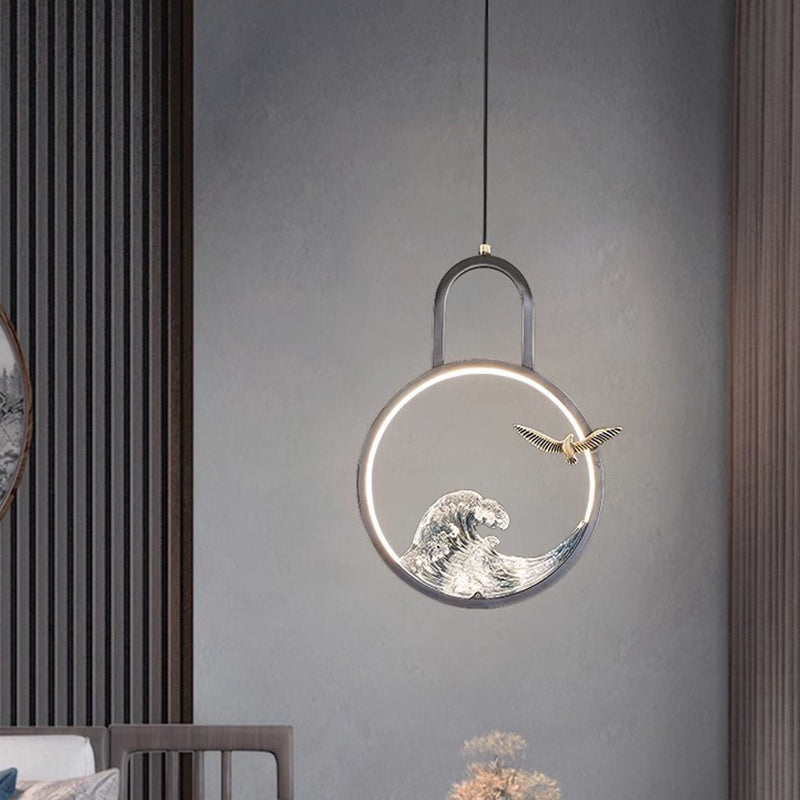 Traditional Chinese Round Hollow Wave Pattern Copper Resin LED Pendant Light For Bedroom