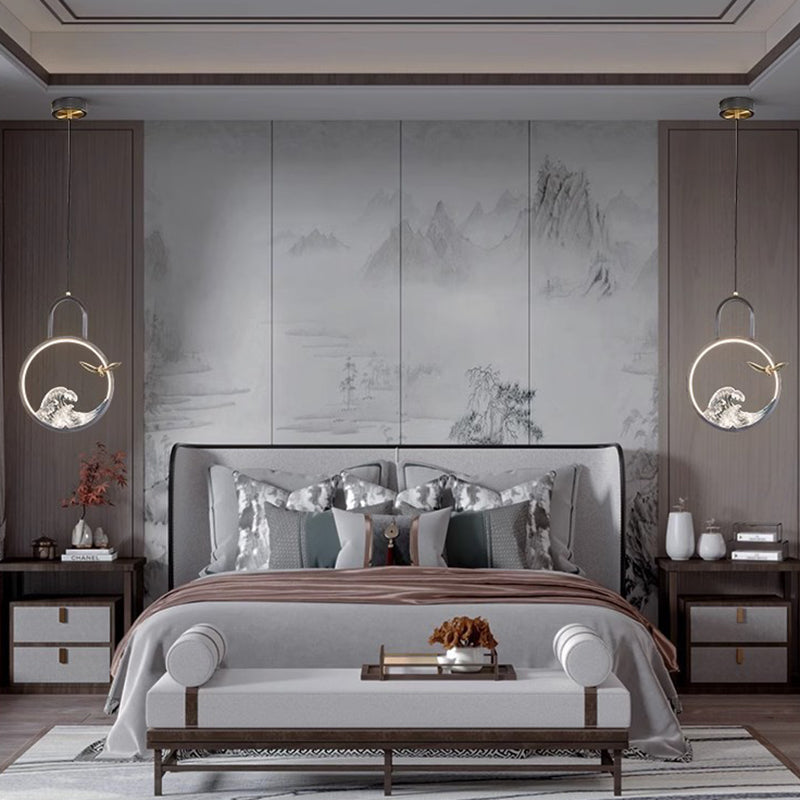 Traditional Chinese Round Hollow Wave Pattern Copper Resin LED Pendant Light For Bedroom