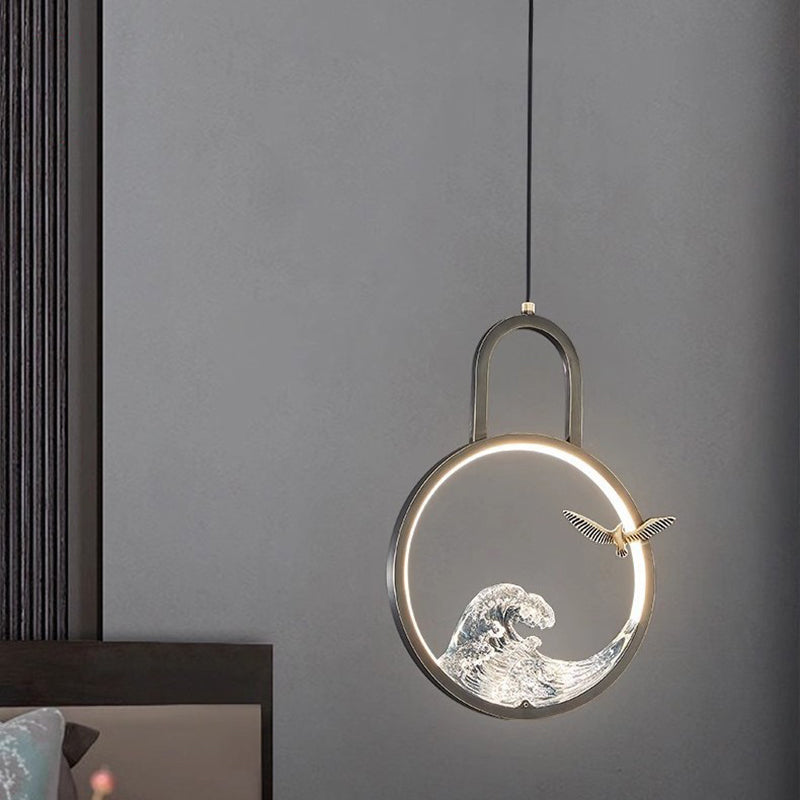 Traditional Chinese Round Hollow Wave Pattern Copper Resin LED Pendant Light For Bedroom