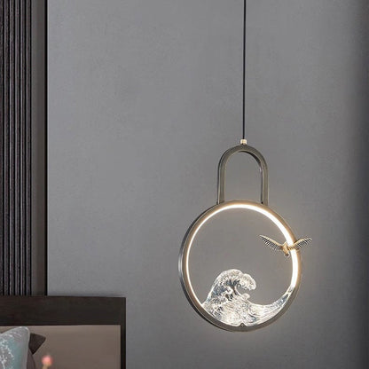 Traditional Chinese Round Hollow Wave Pattern Copper Resin LED Pendant Light For Bedroom