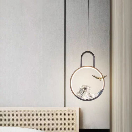 Traditional Chinese Round Hollow Wave Pattern Copper Resin LED Pendant Light For Bedroom