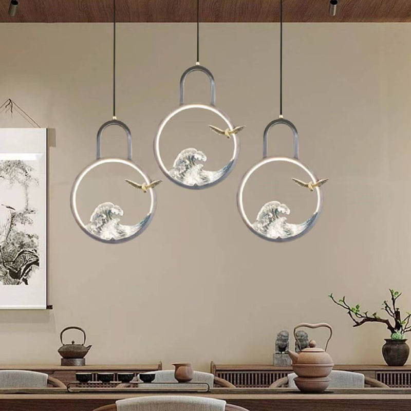 Traditional Chinese Round Hollow Wave Pattern Copper Resin LED Pendant Light For Bedroom