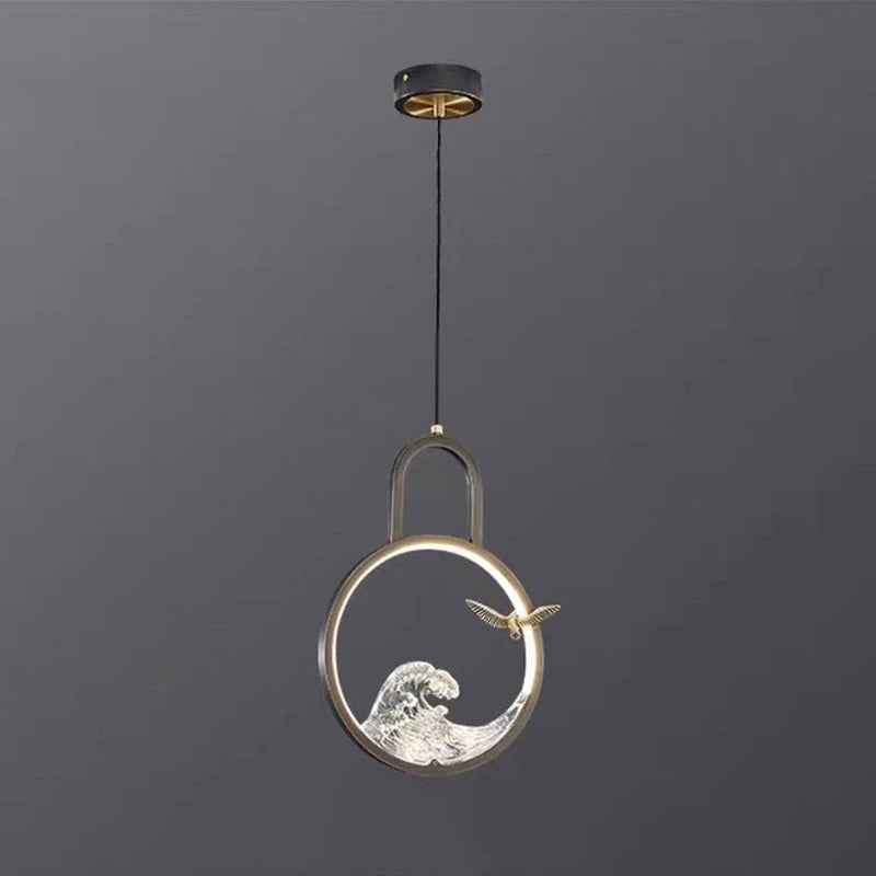 Traditional Chinese Round Hollow Wave Pattern Copper Resin LED Pendant Light For Bedroom