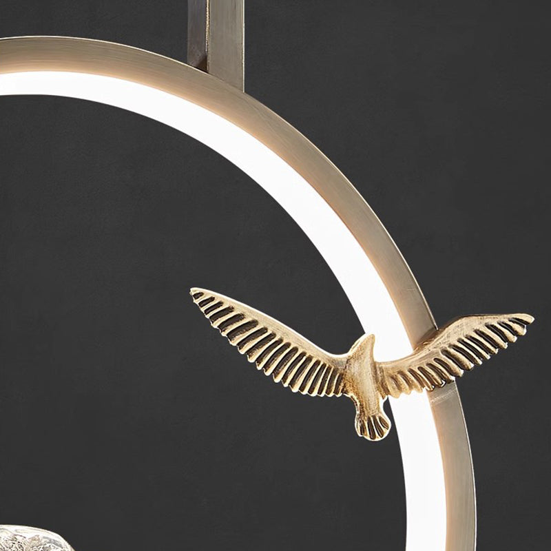 Traditional Chinese Round Hollow Wave Pattern Copper Resin LED Pendant Light For Bedroom