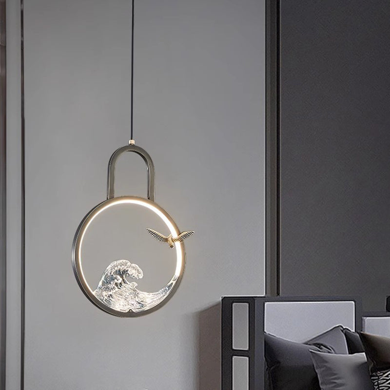 Traditional Chinese Round Hollow Wave Pattern Copper Resin LED Pendant Light For Bedroom