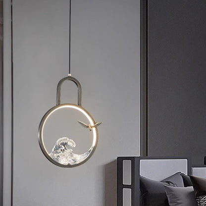 Traditional Chinese Round Hollow Wave Pattern Copper Resin LED Pendant Light For Bedroom
