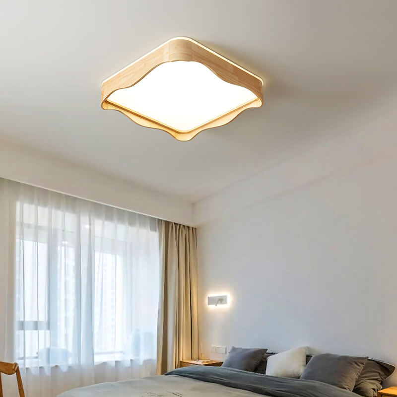 Modern Minimal Wave Rectangular Rubberwood Acrylic LED Flush Mount Lighting