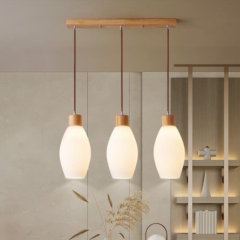 Minimalist Wood Stripes Glass Oval Jar 3-Light Island Light Chandelier
