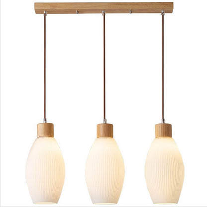 Minimalist Wood Stripes Glass Oval Jar 3-Light Island Light Chandelier