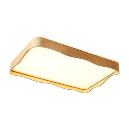 Modern Minimal Wave Rectangular Rubberwood Acrylic LED Flush Mount Lighting