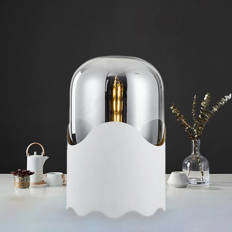 Contemporary Nordic Faux Leather Cylindrical Glass Shade 1-Light Table Lamp For Bedroom