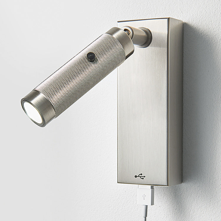 長方形シリンダーアルミLEDウォールライト - 寝室用USB充電器付き工業用調節可能スポットライト