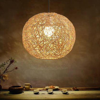 Rattan Weaving Beige Globe Shade 1-Light Pendant Light