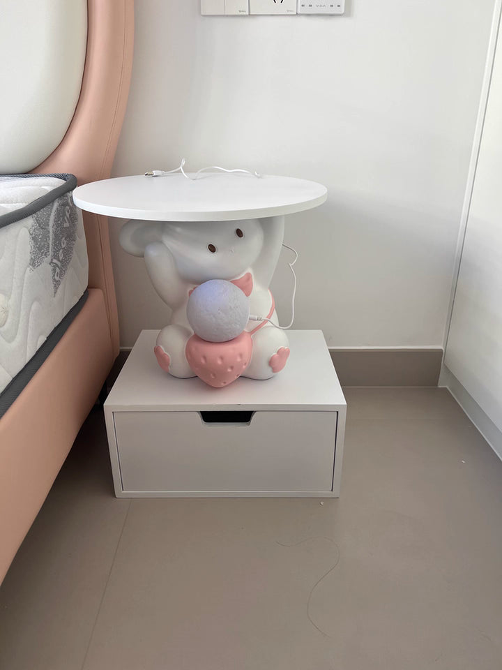 Modern Art Deco Kids Rabbit Round Plate Rectangular Drawer Resin Wood Enamel End Table 1-Drawer With LED Light For Bedroom