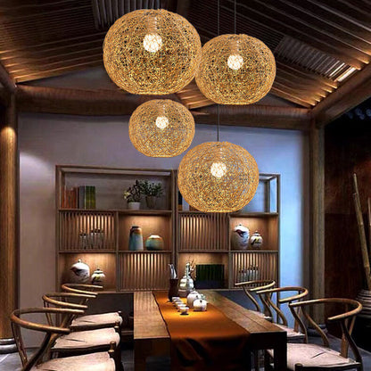 Rattan Weaving Beige Globe Shade 1-Light Pendant Light