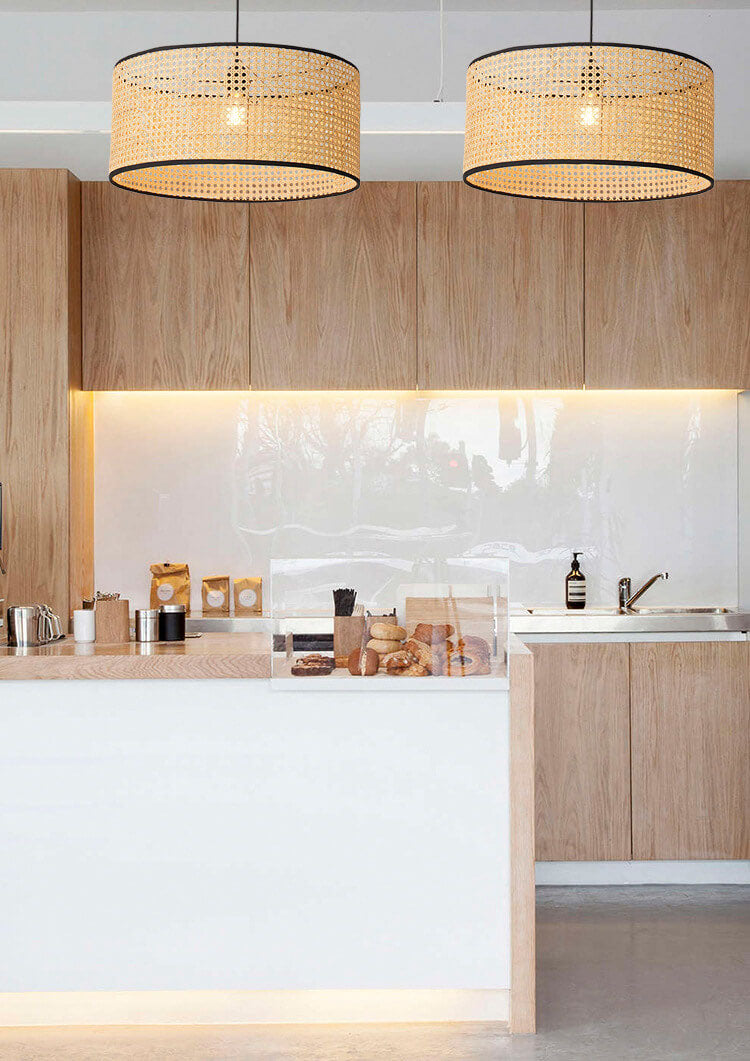 Modern Beige Bamboo Weaving 1-Light Drum-Shaped Pendant Light