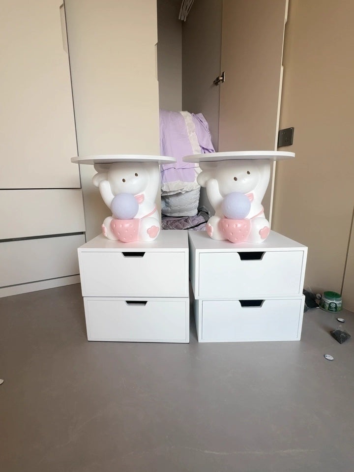 Modern Art Deco Kids Rabbit Round Plate Rectangular Drawer Resin Wood Enamel End Table 1-Drawer With LED Light For Bedroom