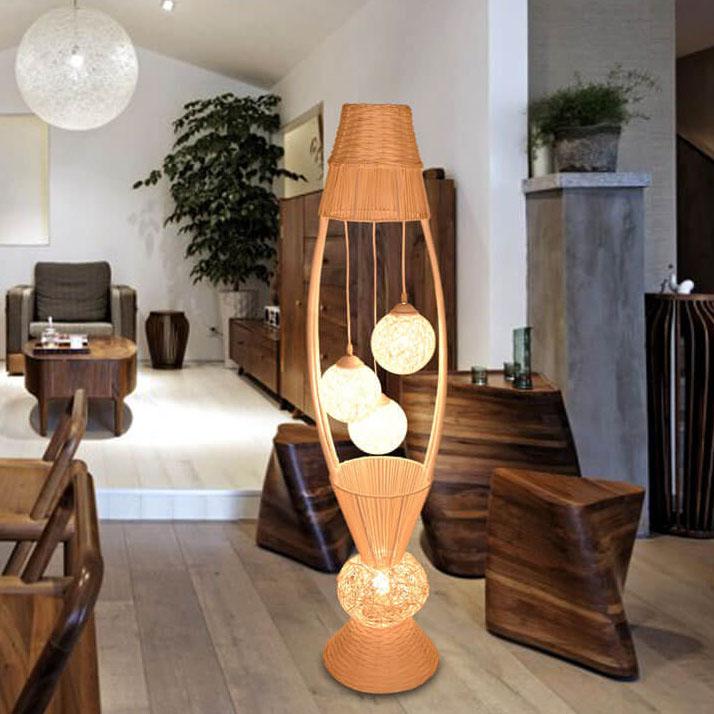 Modern Rattan Fish Shaped  4-Light with Inner Ball Shade Standing Floor Lamps