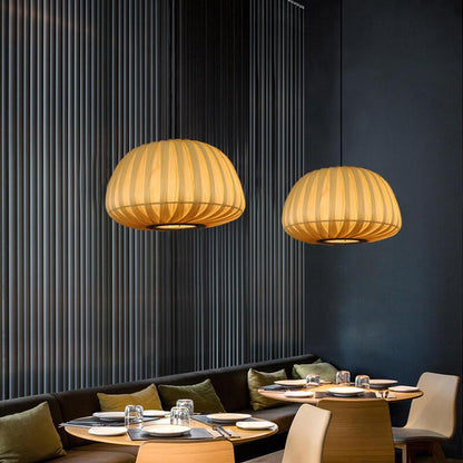 Modern Wood Pumpkin Shade 1-Light Beige Pendant Light
