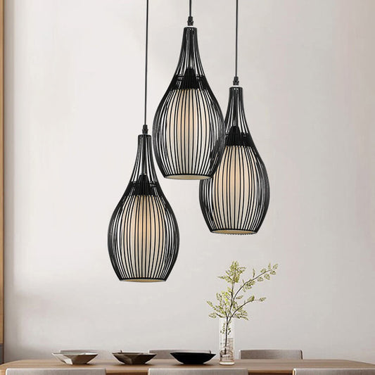 Vintage Iron Black Teardrop Shaped Hanging 3-Light Chandeliers