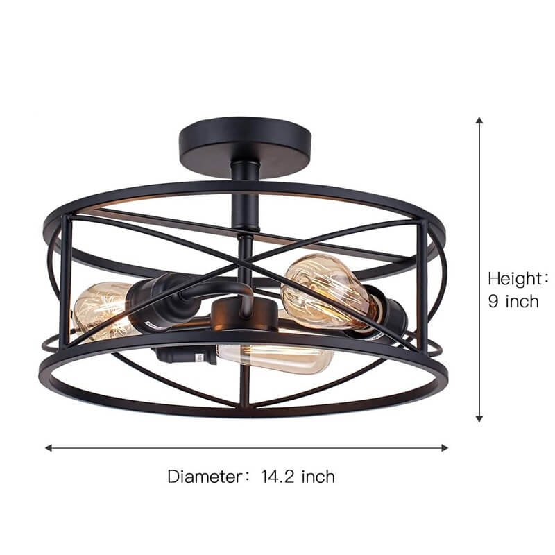Industrial Wrought Iron 3-Light Cylindrical  Semi-Flush Mount Lighting