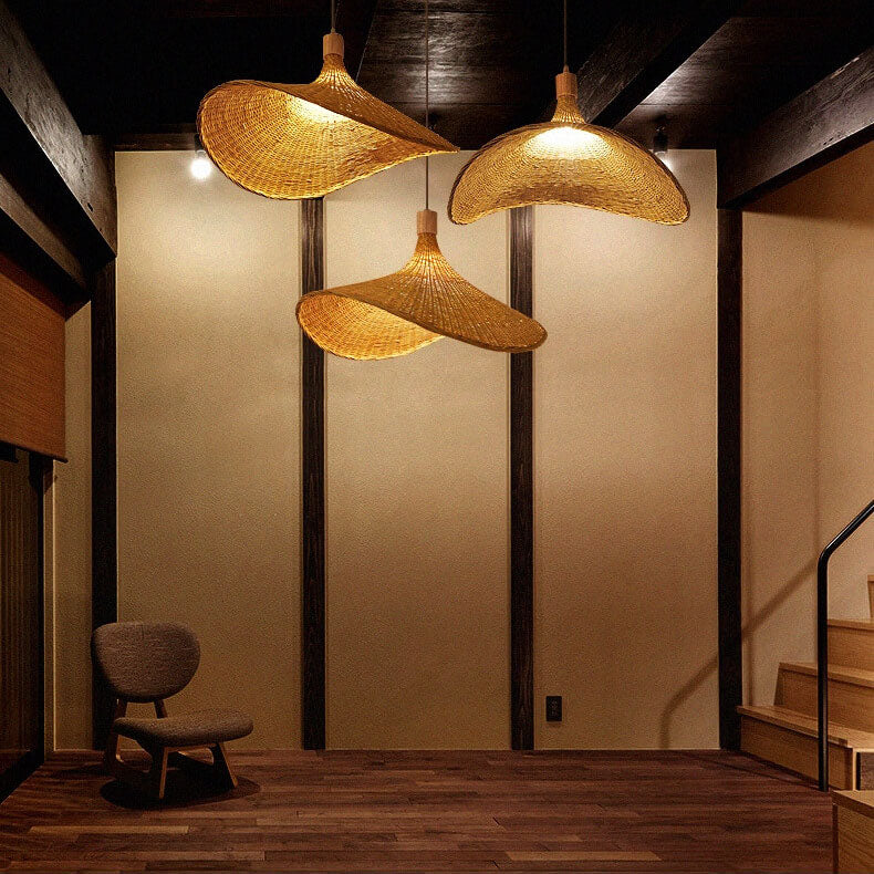 Woven Bamboo 1-Light Straw Hat Pendant Light