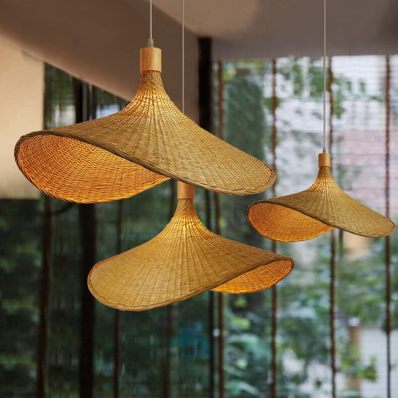 Woven Bamboo 1-Light Straw Hat Pendant Light
