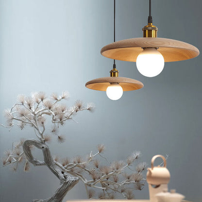 Minimalist Wooden 1-Light Saucer Shaped Pendant Light