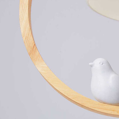 Modern Round Wood Ring 1-Light Little Bird LED Pendant Light