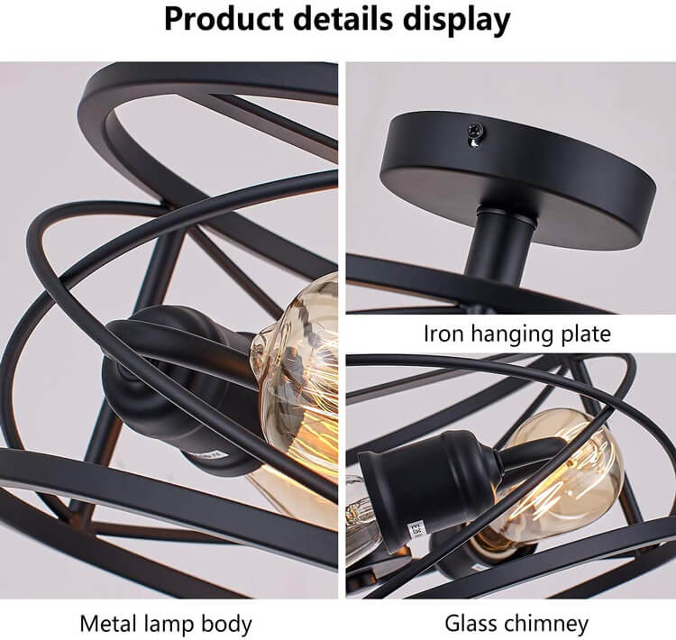 Industrial Wrought Iron 3-Light Cylindrical  Semi-Flush Mount Lighting