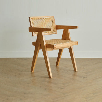 Traditional Japanese Weaving Rattan Wood Square Rectangular V Shape Frame Dining Chair Backrest Armrest For Dining Room