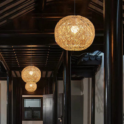 Rattan Weaving Beige Globe Shade 1-Light Pendant Light