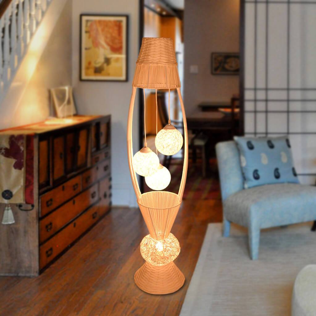Modern Rattan Fish Shaped  4-Light with Inner Ball Shade Standing Floor Lamps