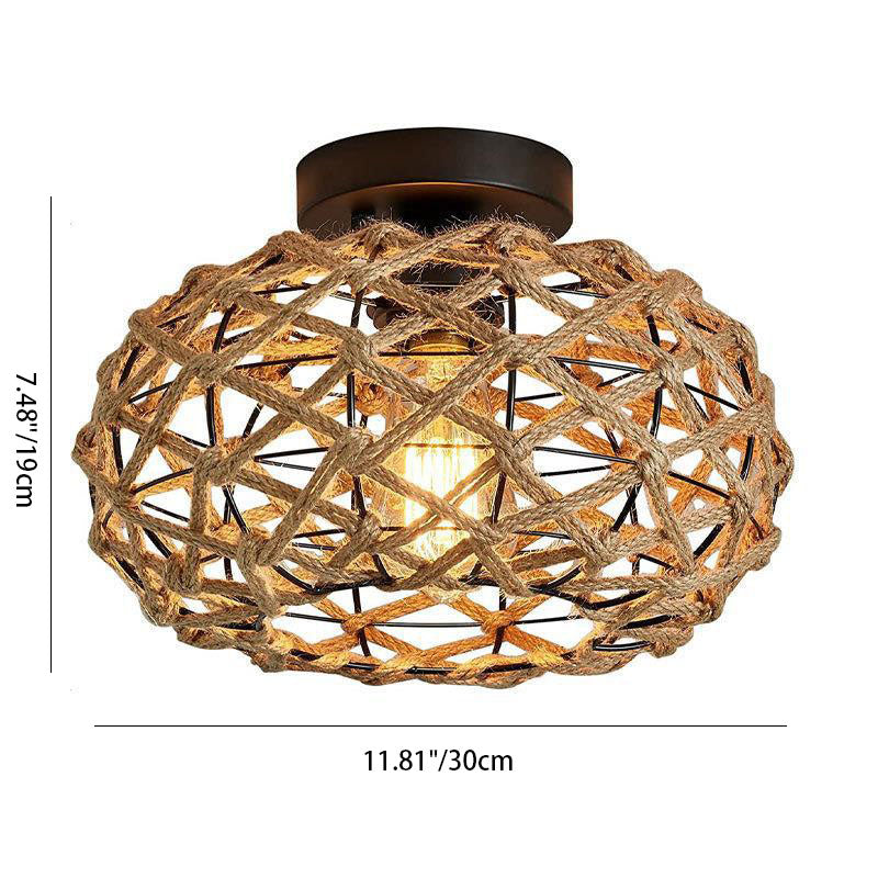 Traditional Rustic Hemp Rope Weaving Iron Cage 1-Light Semi-Flush Mount Ceiling Light For Bedroom
