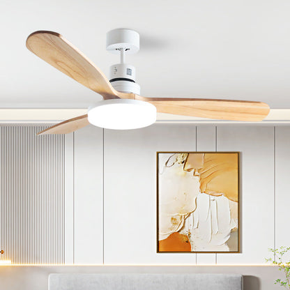 現代風レトロ丸型ガラスシェード、無垢材ファンブレード、LEDダウンロッドシーリングファンライト（寝室用）