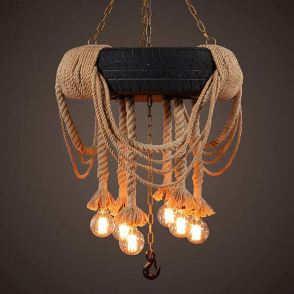 Vintage Industrial Hemp Rope Black Tire 6-Light Chandelier