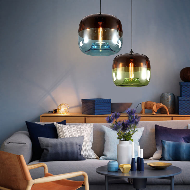 Retro Colorful Glass 1-Light Drum Pendant Light